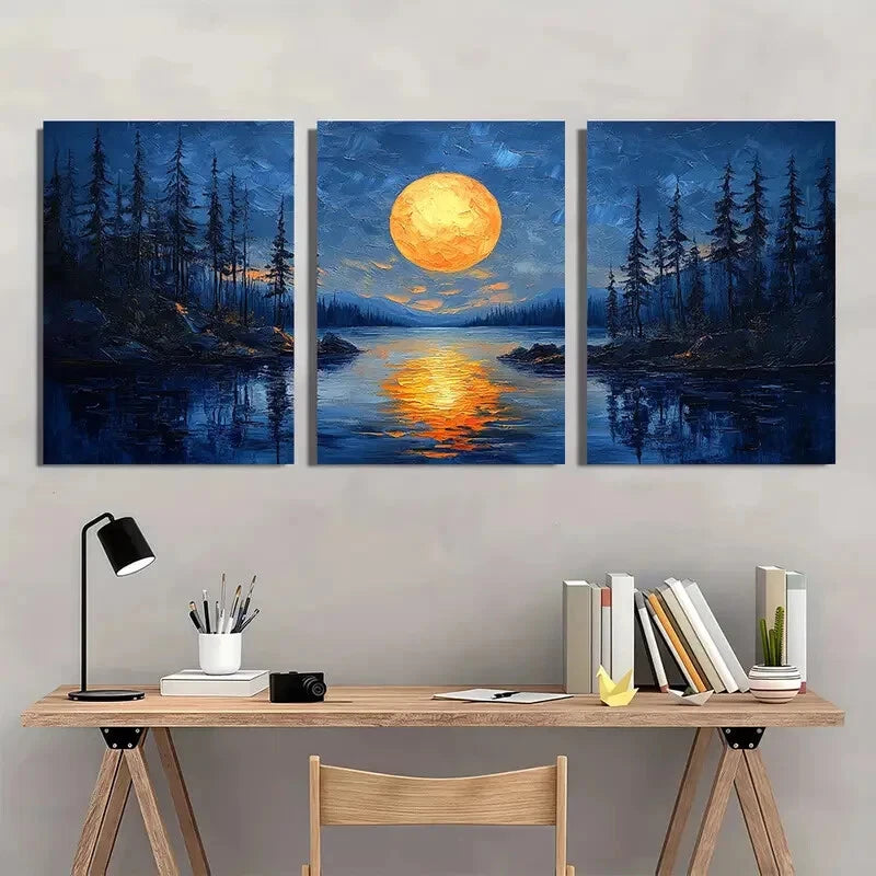 3pcs Abstract Landscape Painting Night Lake Metal Print Ready to Hang Art