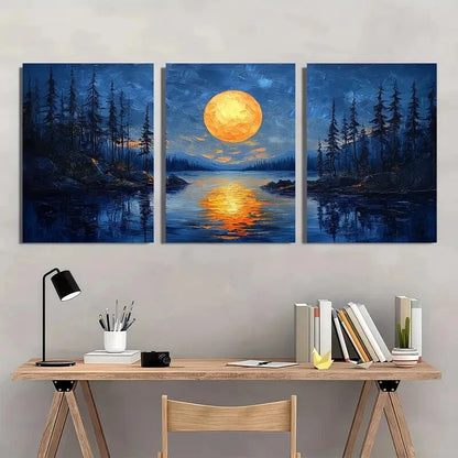 3pcs Abstract Landscape Painting Night Lake Metal Print Ready to Hang Art
