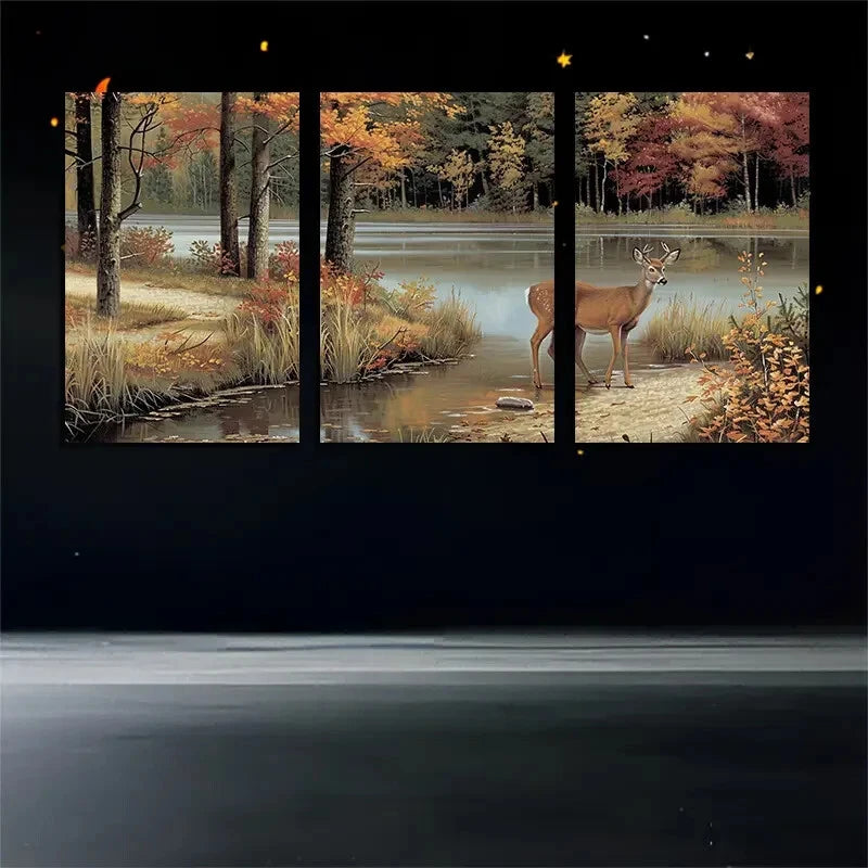 3pcs Autumn Forest Deer with Lake Scene Metal Print Ready to Hang Art