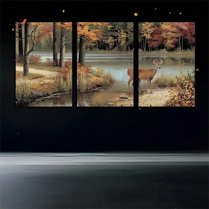 3pcs Autumn Forest Deer with Lake Scene Metal Print Ready to Hang Art