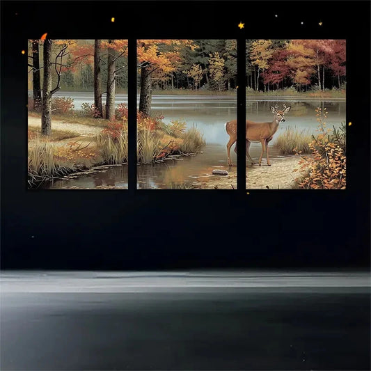 3pcs Autumn Forest Deer with Lake Scene Metal Print Ready to Hang Art