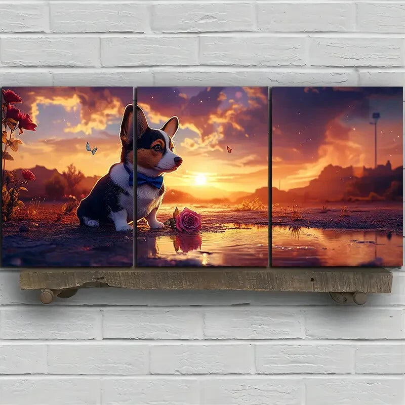 3pcs Corgi Dog with Bow Tie Nature Metal Print Ready to Hang Art