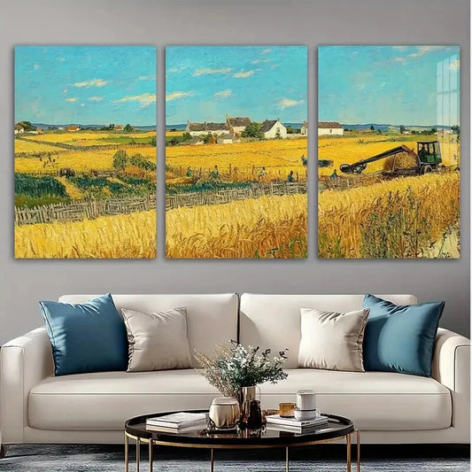 3pcs Wheat Field Scene Painting Metal Print Ready to Hang Art