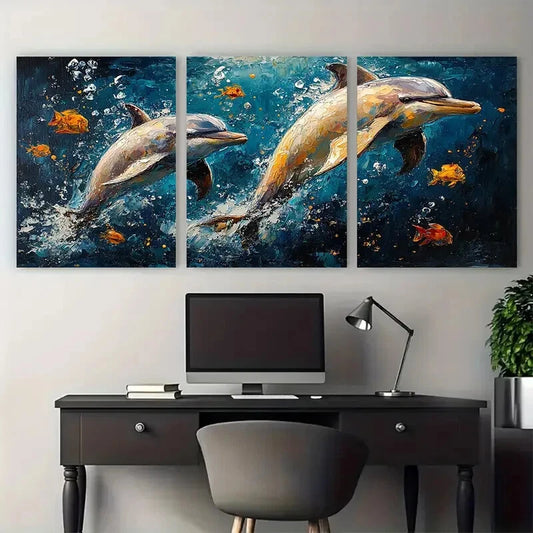 3pcs Dolphin Sea Animals Underwater Illustration Metal Print Ready to Hang Art