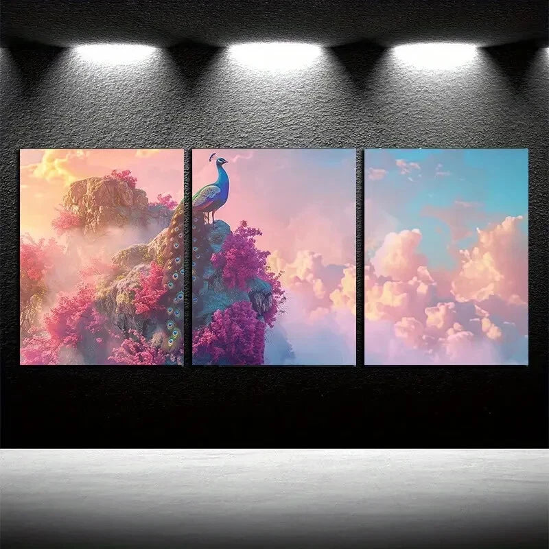 3pcs Vibrant Peacock on Blossoming Tree Metal Print Ready to Hang Art