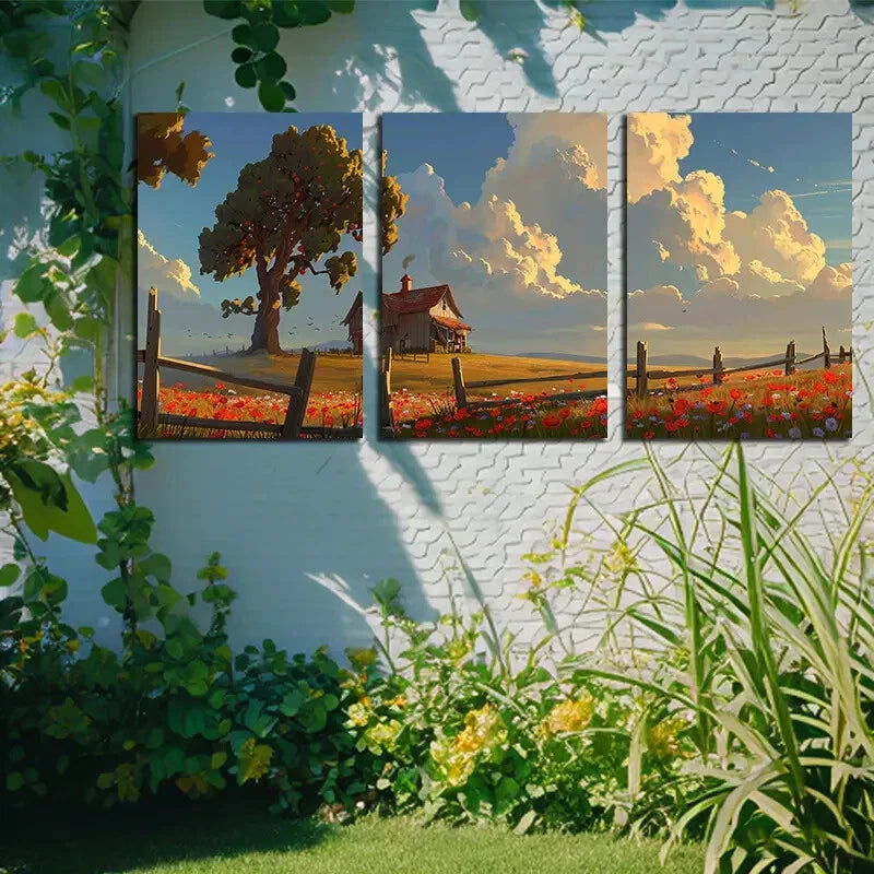 3pcs Vibrant Log Cabin with Floral and Cloud View Metal Print Ready to Hang Art