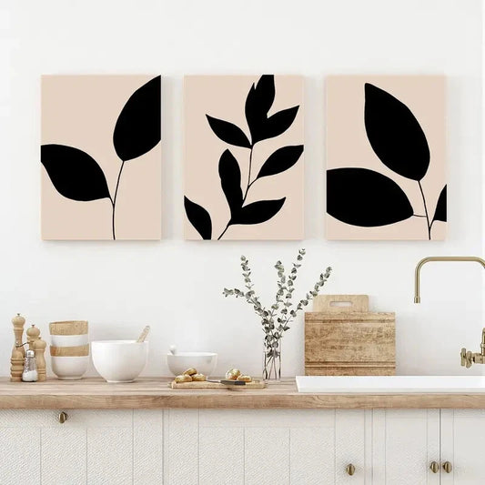 3pcs Neutral Tones with Black Leaves & Flowers Metal Print Ready to Hang Art