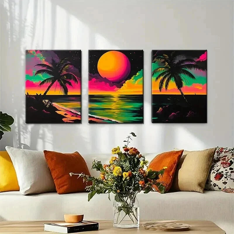 3pcs Sunset Tropical Beach Vibrant Palm Perfect Wall Art Set Canvas Framed 40x60cm - High Quality Print 100% Australian Made Wall Canvas Ready to Hang