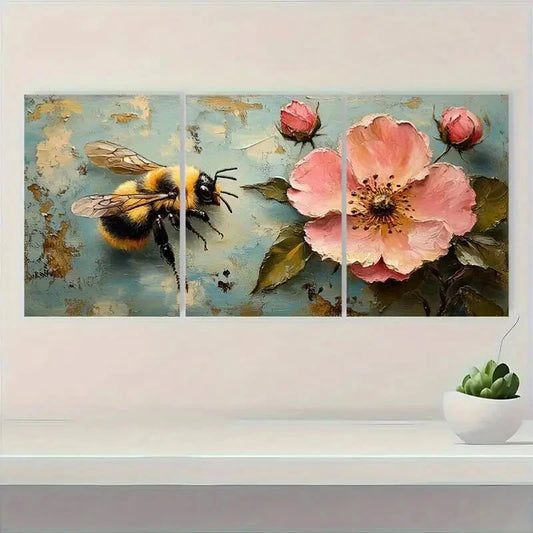 3pcs Vibrant Bee and Pink Rose Floral Art Set Metal Print Ready to Hang Art