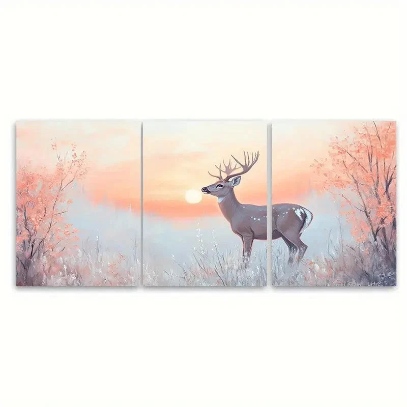 3pcs Graceful Deer under Soft Pastel Sunrise Wall Art Set Canvas Framed 50x70cm - High Quality Print 100% Australian Made Wall Canvas Ready to Hang