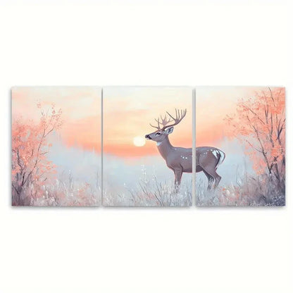 3pcs Graceful Deer under Soft Pastel Sunrise Wall Art Set Canvas Framed 50x70cm - High Quality Print 100% Australian Made Wall Canvas Ready to Hang