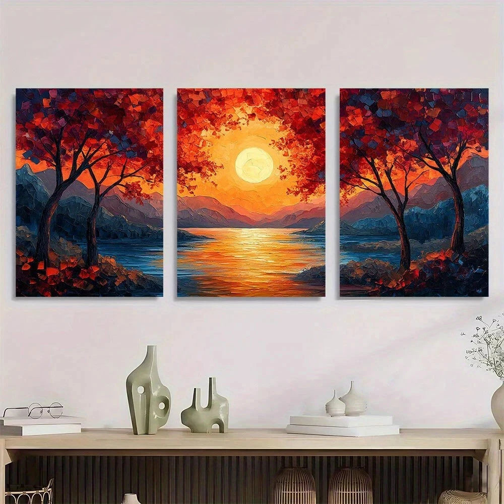 3pcs Fashion Painting Sunset Modern Trees Scenery Metal Print Ready to Hang Art