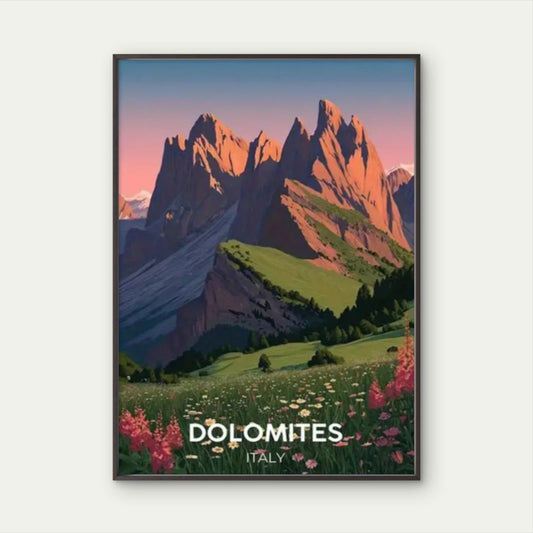 Dolomites Italy Pink Sky Alps Wildflowers Peaks Travel Poster Print Wall Art