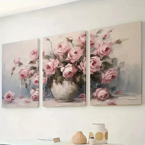 3pcs Pink Roses Floral Vase Abstract Canvas Framed 60X90cm - High Quality Print 100% Australian Made Wall Canvas Ready to Hang