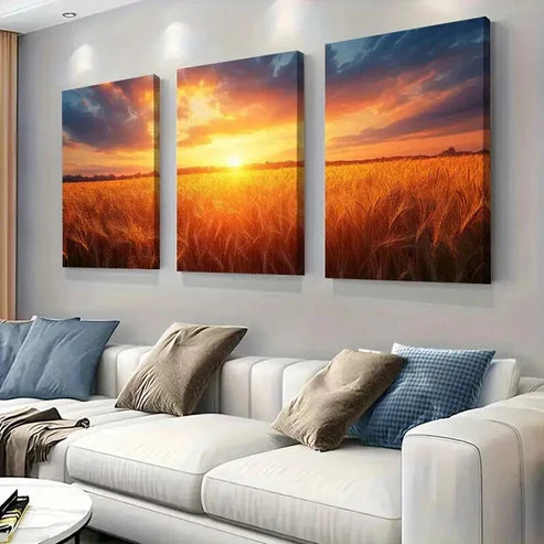 3pcs Sunset Glow Over Golden Wheat Field Wall Art Set Canvas Unframed - High Quality Print 100% Australian Made Wall Canvas