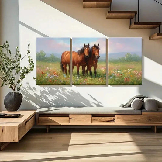 3pcs Artistic Horses in Blossom Field Pastoral Metal Print Ready to Hang Art