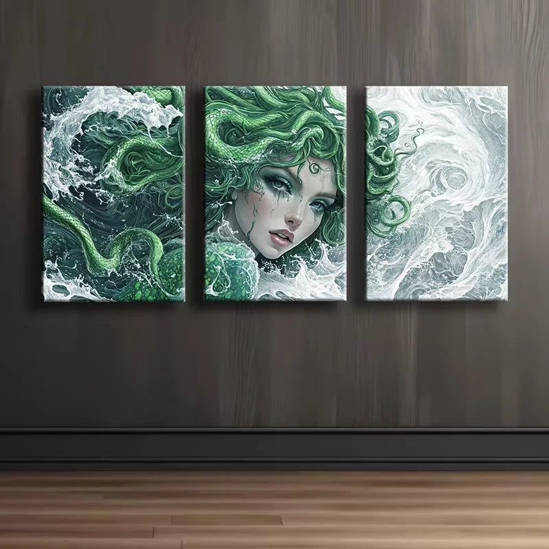 3pcs Green Beautiful Medusa Wall Art Set Canvas Framed 50x70cm - High Quality Print 100% Australian Made Wall Canvas Ready to Hang