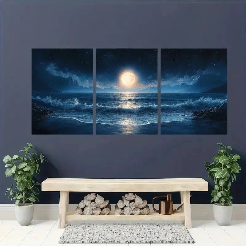 3pcs Moonlit Ocean Seascape Midnight Beach Scene Metal Print Ready to Hang Art