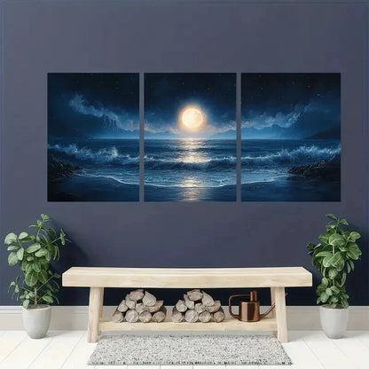 3pcs Moonlit Ocean Seascape Midnight Beach Scene Metal Print Ready to Hang Art