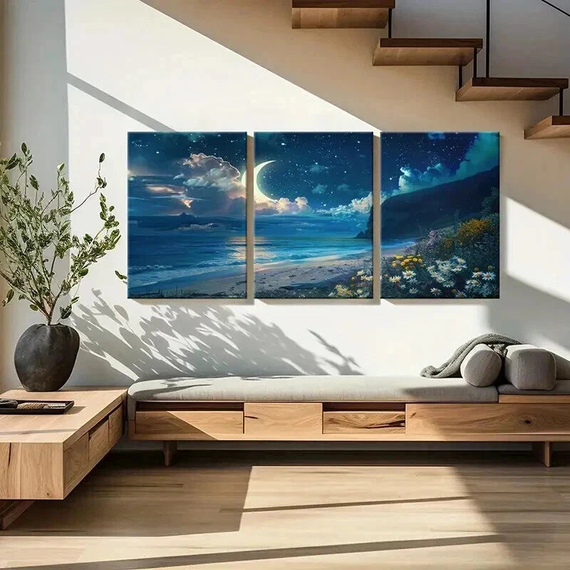 3pcs Beach Landscape Seaside Moon & Flowers Wall Art Set Canvas Framed 40x60cm - High Quality Print 100% Australian Made Wall Canvas Ready to Hang