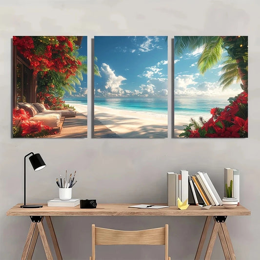 3pcs Palm Trees Ocean Views Red Flowers Metal Print Ready to Hang Art