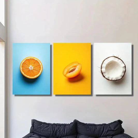 3pcs Vibrant Orange Slices & Coconut Design Metal Print Ready to Hang Art