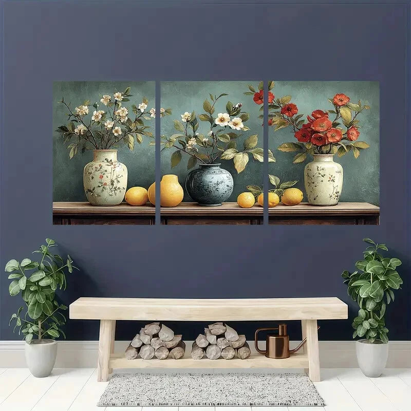 3pcs Antique Vase & Botanical Illustration Metal Print Ready to Hang Art