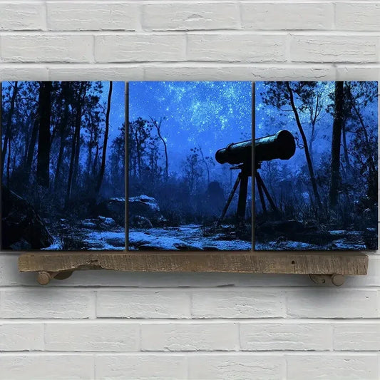 3pcs Mysterious Telescope Forest Blue Themed Metal Print Ready to Hang Art