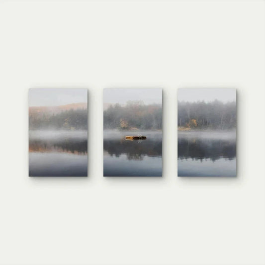 3pcs Misty Lake Landscape Forest With Boat Wall Art Set Canvas Framed 50x70cm - High Quality Print 100% Australian Made Wall Canvas Ready to Hang
