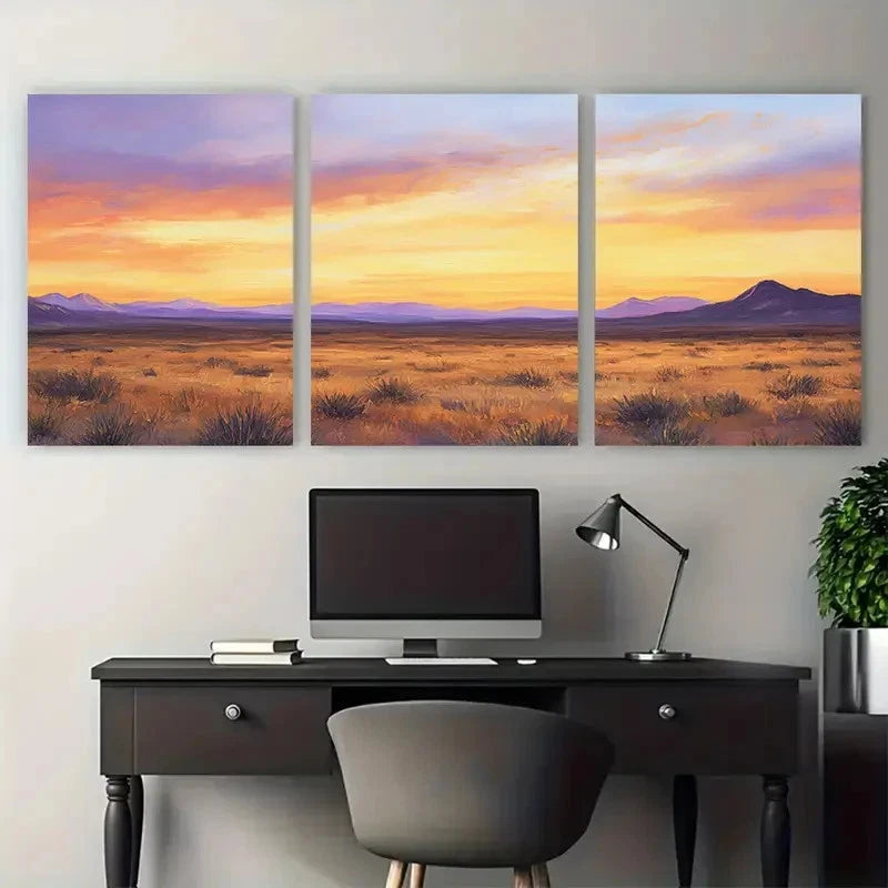 3pcs Desert at Dusk Nature Warm Earth Tones Wall Art Set Canvas Framed 60x90cm - High Quality Print 100% Australian Made Wall Canvas Ready to Hang