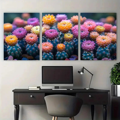 3pcs Vibrant Blooming Cactus Botanical Metal Print Ready to Hang Art
