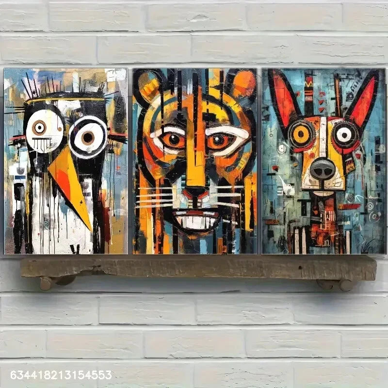 3pcs Bird Tiger Puppy Doodle Animal Metal Print Ready to Hang Art