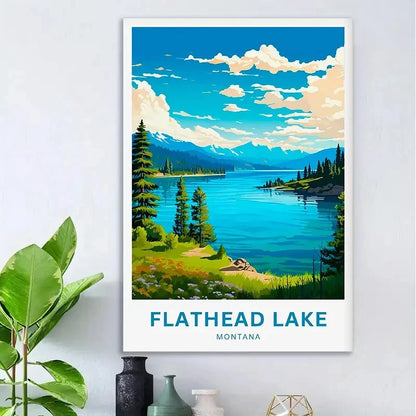 Flathead Lake Montana Vintage Lush Green Travel Poster Print Wall Art