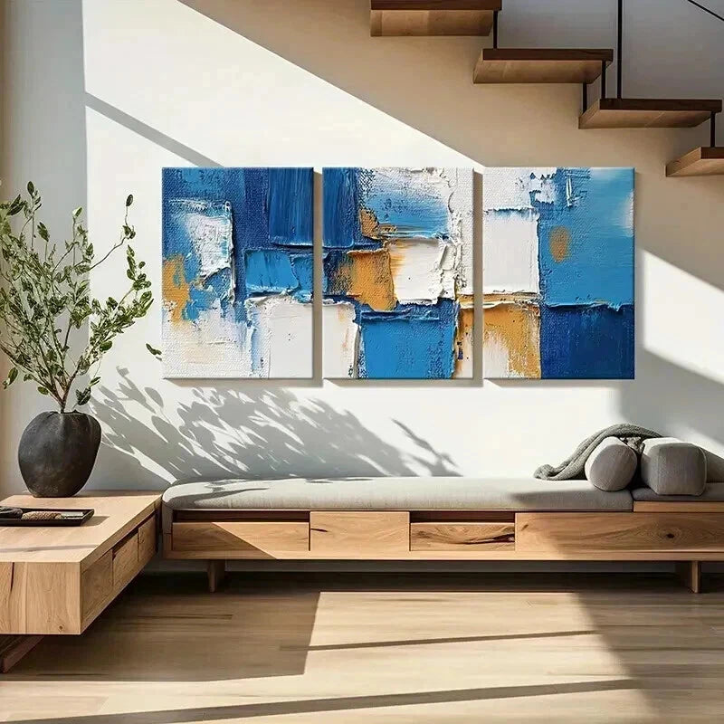 3pcs Abstract Blue Textured Geometric Wall Art Set Canvas Framed 40x60cm - High Quality Print 100% Australian Made Wall Canvas Ready to Hang
