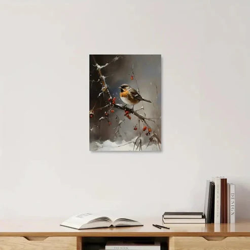 Beautiful Snowy Branch & Red Berries Painting 60x90cm Metal Print Ready to Hang