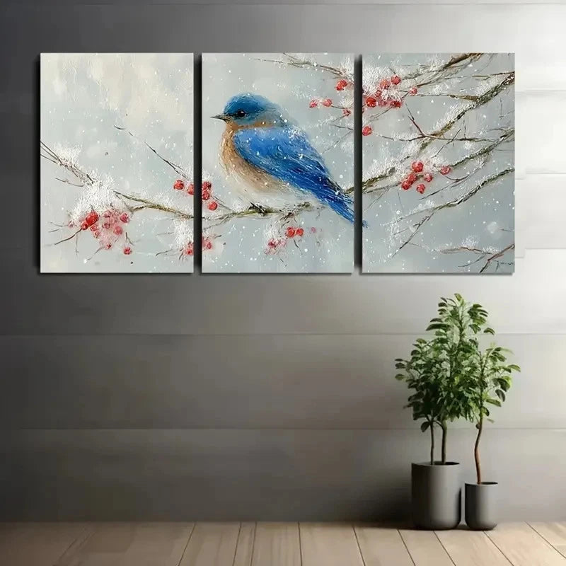 3pcs Blue Bird & Snowy Branch Wall Art Set Canvas Framed 50x70cm - High Quality Print 100% Australian Made Wall Canvas Ready to Hang