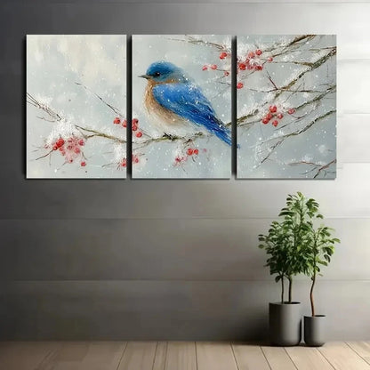 3pcs Blue Bird & Snowy Branch Wall Art Set Canvas Framed 50x70cm - High Quality Print 100% Australian Made Wall Canvas Ready to Hang