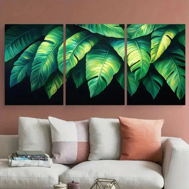 3pcs Large Tropical Leaves Vibrant Green Foliage Metal Print Ready to Hang Art