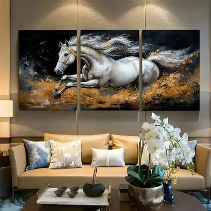 3pcs Horse with a Golden Coat Painting Metal Print Ready to Hang Art