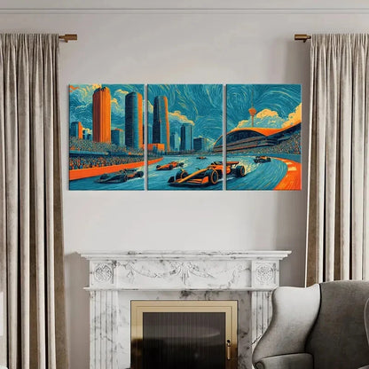 3pcs Cityscape Racing Art Formula One Cars Metal Print Ready to Hang Art