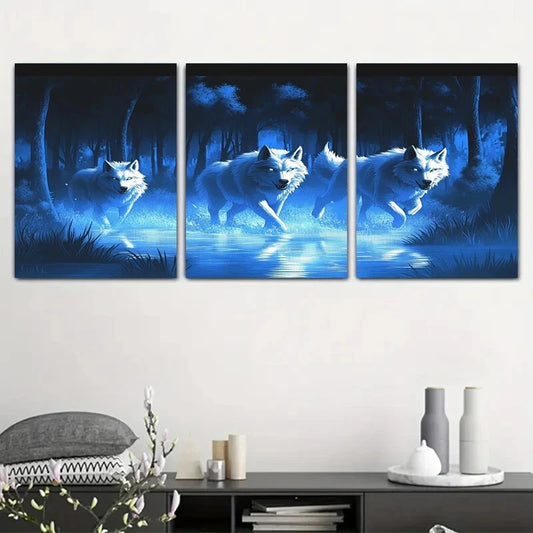 3pcs Wolf Blue Forest Night Stunning Blue Theme Metal Print Ready to Hang Art