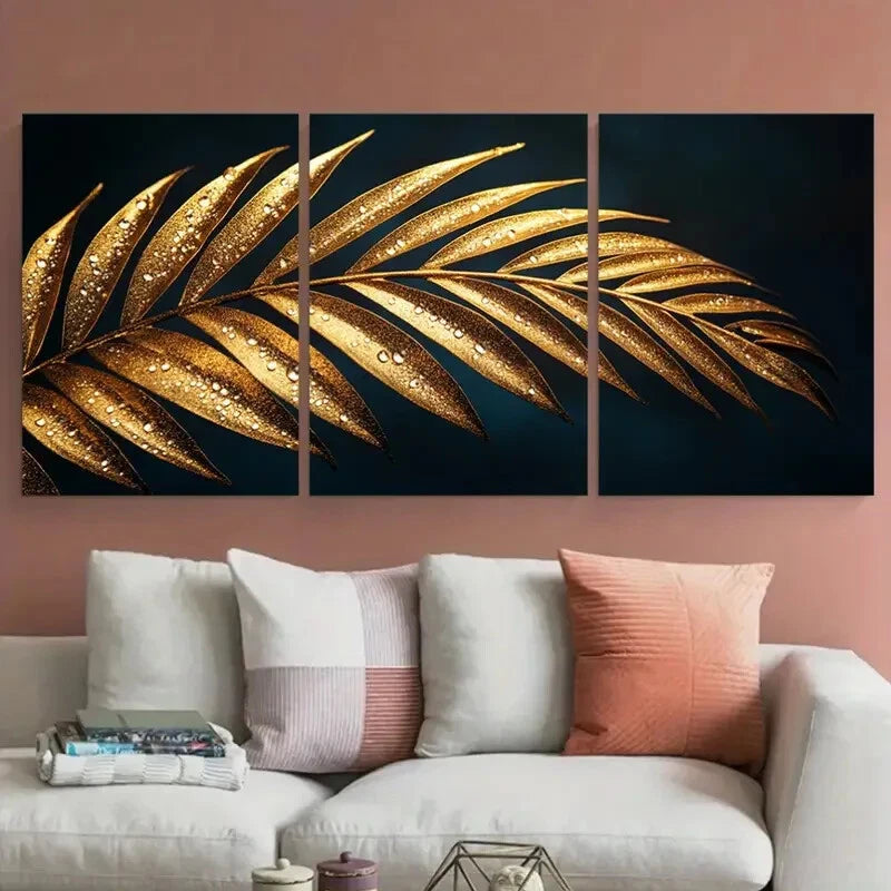 3pcs Elegant Dark Golden Palm Leaf Minimalist Metal Print Ready to Hang Art