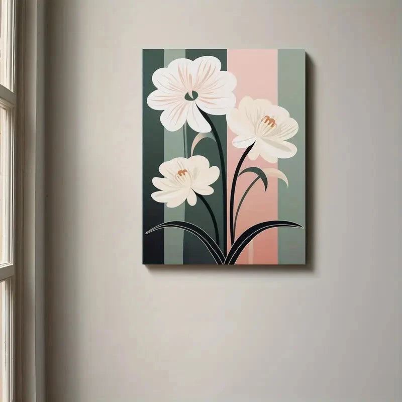 Canvas print of white flowers on a striped background hanging on a wall.
