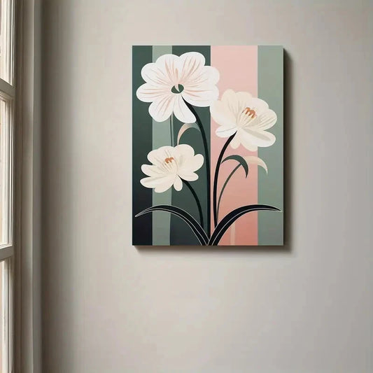 Canvas print of white flowers on a striped background hanging on a wall.