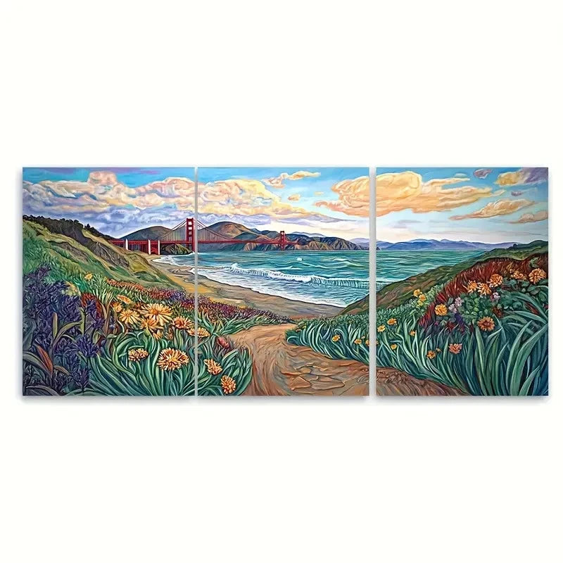 3pcs Baker Beach Golden Gate Bridge Wall Art Set Canvas Framed 50x70cm - High Quality Print 100% Australian Made Wall Canvas Ready to Hang