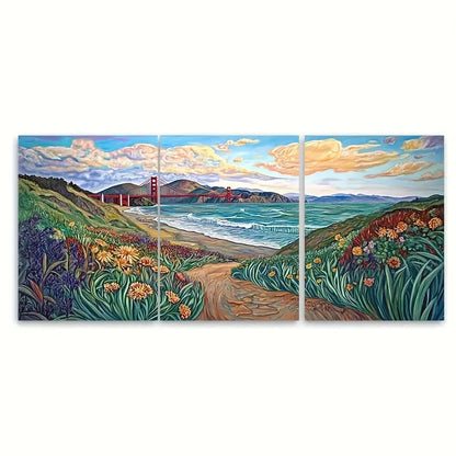 3pcs Baker Beach Golden Gate Bridge Wall Art Set Canvas Framed 50x70cm - High Quality Print 100% Australian Made Wall Canvas Ready to Hang