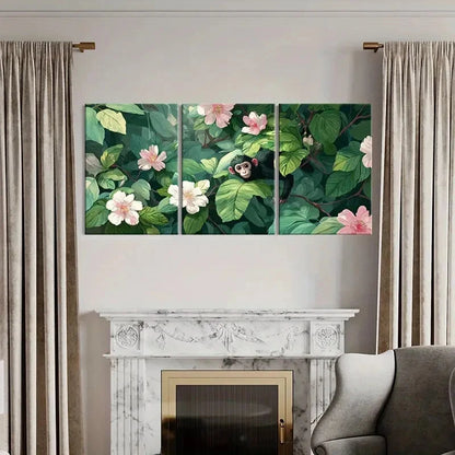 3pcs Jungle Scene Monkey Amidst Lush Greenery Metal Print Ready to Hang Art