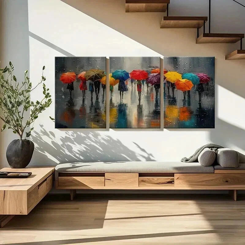 3pcs Rainy Day Colorful Umbrellas Wall Art Set Canvas Framed 40x60cm - High Quality Print 100% Australian Made Wall Canvas Ready to Hang