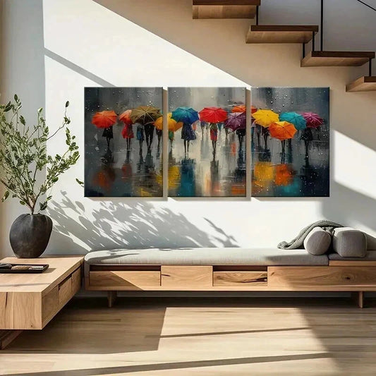 3pcs Rainy Day Colorful Umbrellas Wall Art Set Canvas Framed 40x60cm - High Quality Print 100% Australian Made Wall Canvas Ready to Hang