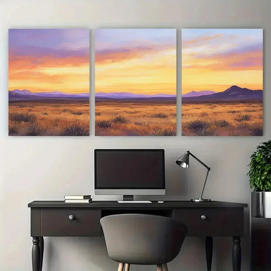 3pcs Desert at Dusk Nature Warm Earth Tones Wall Art Set Canvas Framed 50x70cm - High Quality Print 100% Australian Made Wall Canvas Ready to Hang